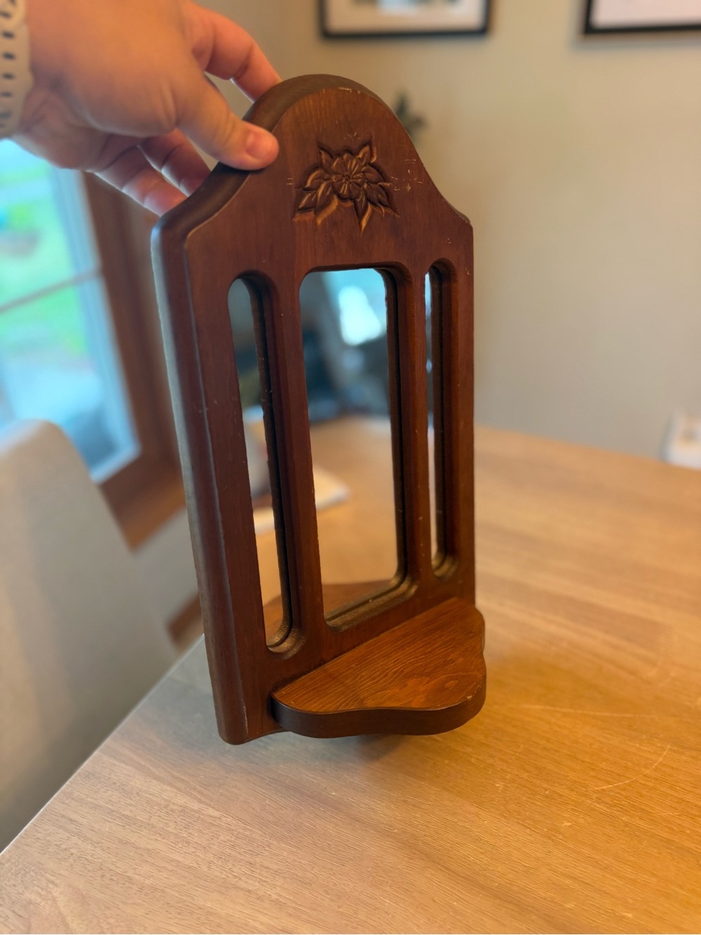 Vintage wooden cottage core Mirror shelf with floral carving